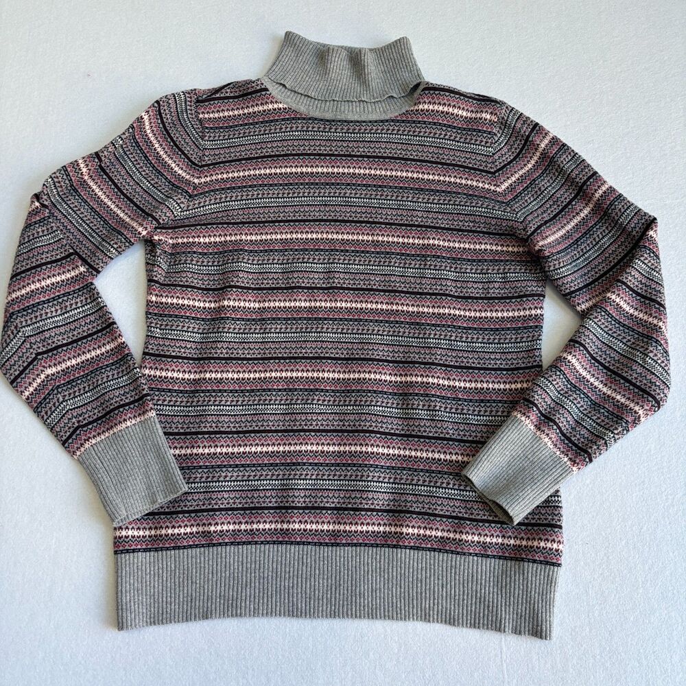 LL BEAN Fair Isle Turtleneck Sweater Womens M Gray Cotton Cashmere Après-Ski